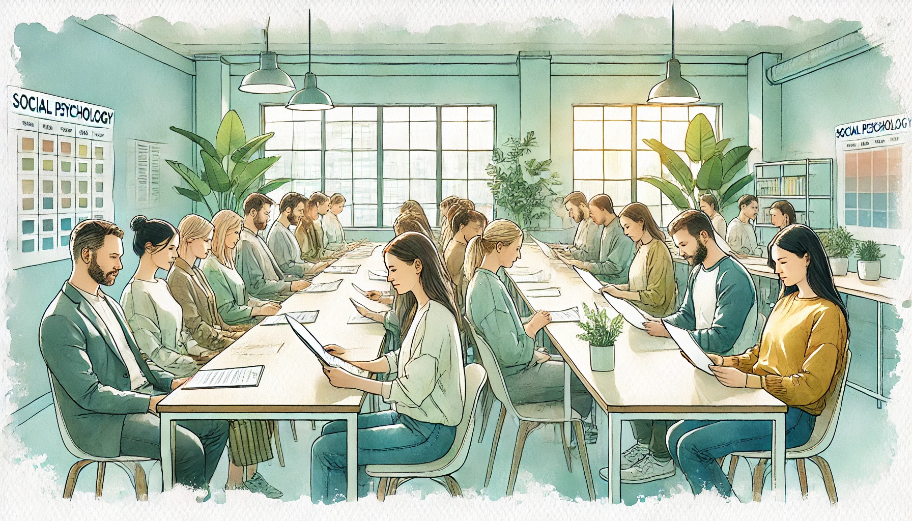 An elegant watercolour-style illustration of a social psychology lab. A long table runs through the room, with female participants seated on the left and male participants on the right. All individuals are casually or semi-professionally dressed and focused on reading papers laid out on the table. The lab is minimalistic, featuring clean decor and a calming atmosphere with subtle botanical elements, such as a potted plant in the background. The colour palette consists of soft pastel tones in green, blue, and muted yellow, creating a serene and thoughtful environment.